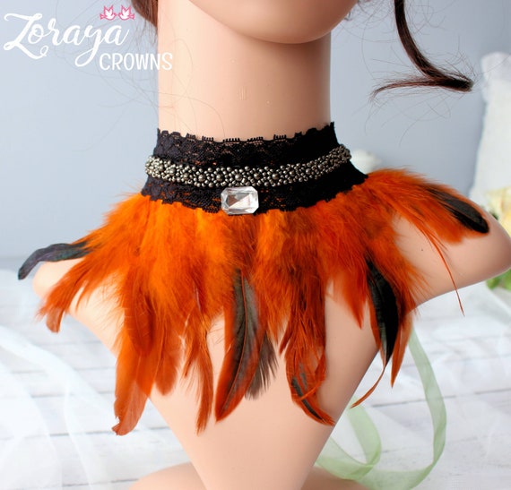 Feather Chokers Burnt Orange Feathers Tiny Beads and Lace Trim Stones Orange Brown Feathers Boudoir Sexy Necklace Collar Glamorous Etsy Canada