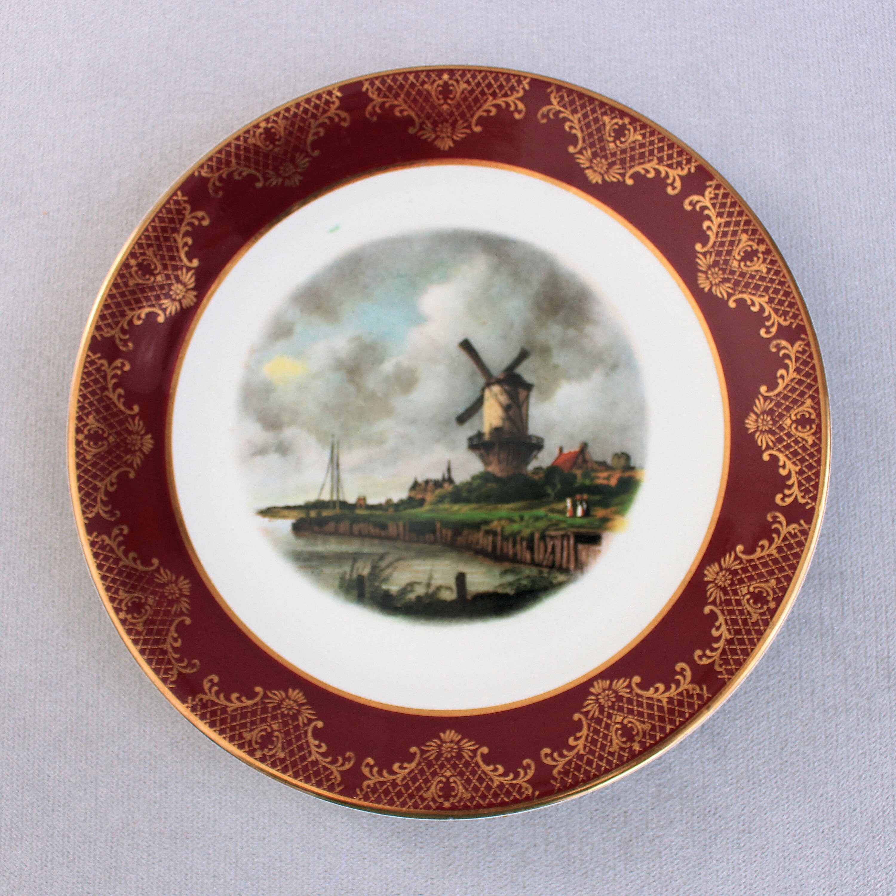 アンティークプレート 特価¥1000→¥500】庭園の絵◇縁に寿。瀬戸焼 黒染付印判波縁中皿 骨董