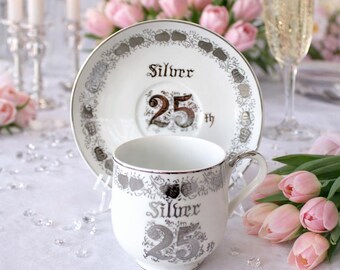 25th Anniversary Demitasse Cup Set, Silver Hand Painted Bone China