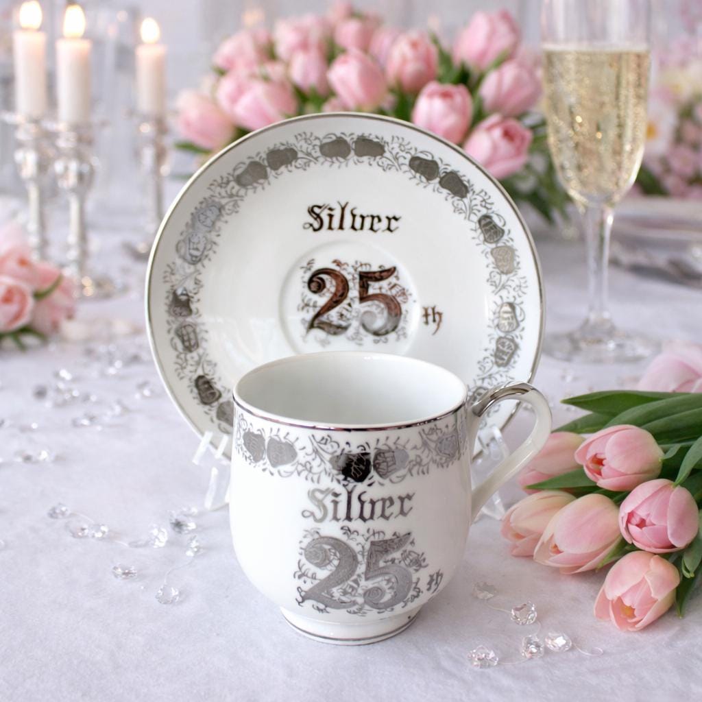 25th Anniversary Demitasse Cup Set, Silver Hand Painted Bone China