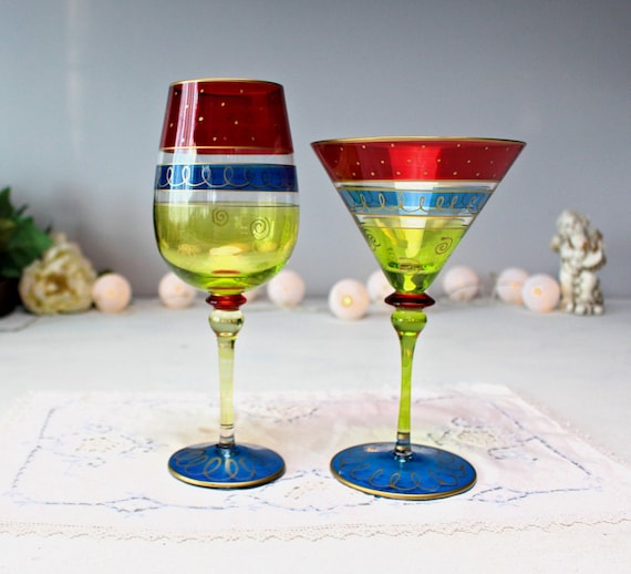 Vintage Hand Painted Martini and Wine Glass Pair, Red Blue Green