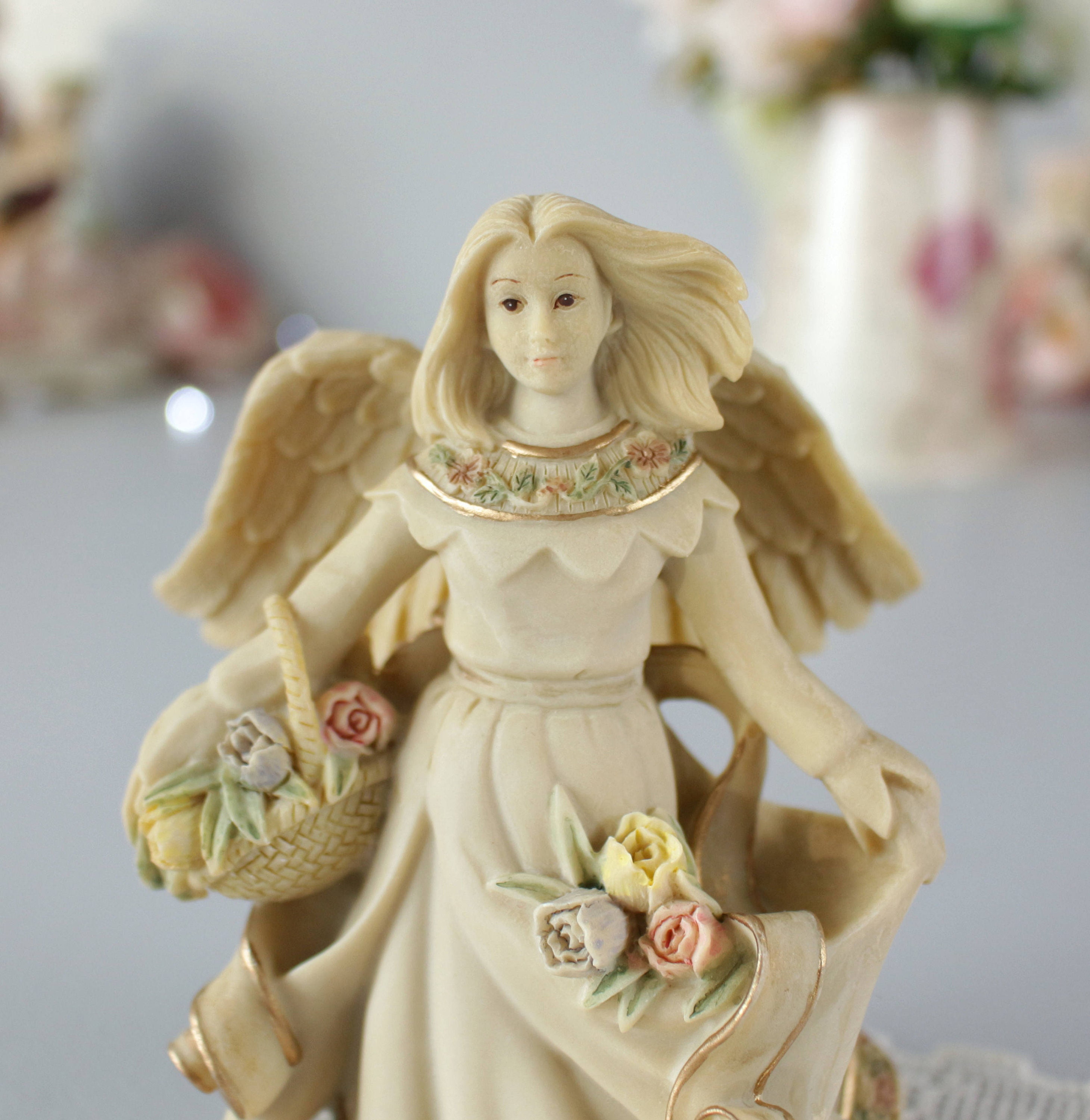 Sarah's Angels® Figurine, Angel With Flower Basket, Ivory Green