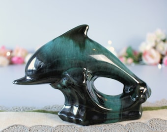 Blue Mountain Pottery Dolphin Statue, Green Glazed Canadian