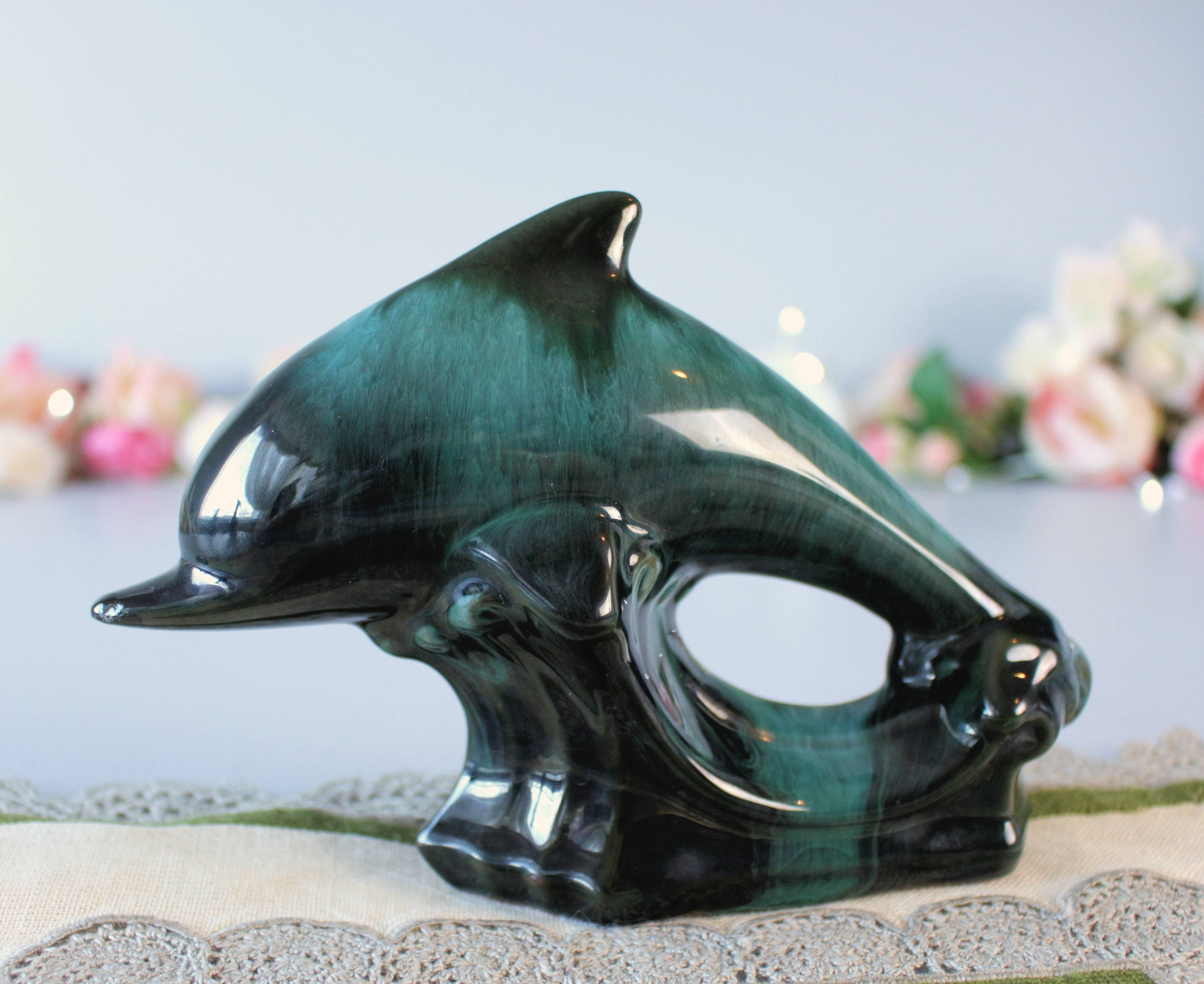 Blue Mountain Pottery Dolphin Statue, Green Glazed Canadian
