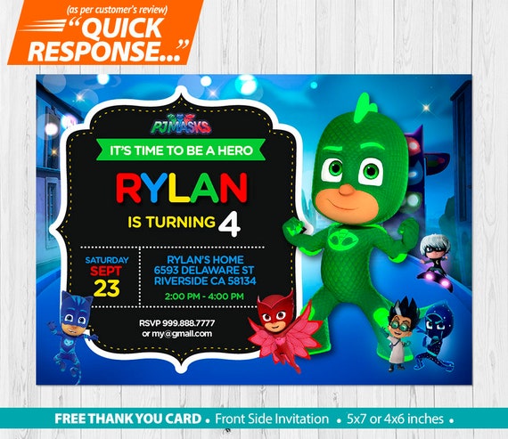 Pj Masks Invitation Pj Mask Birthday Invitation Gekko Etsy