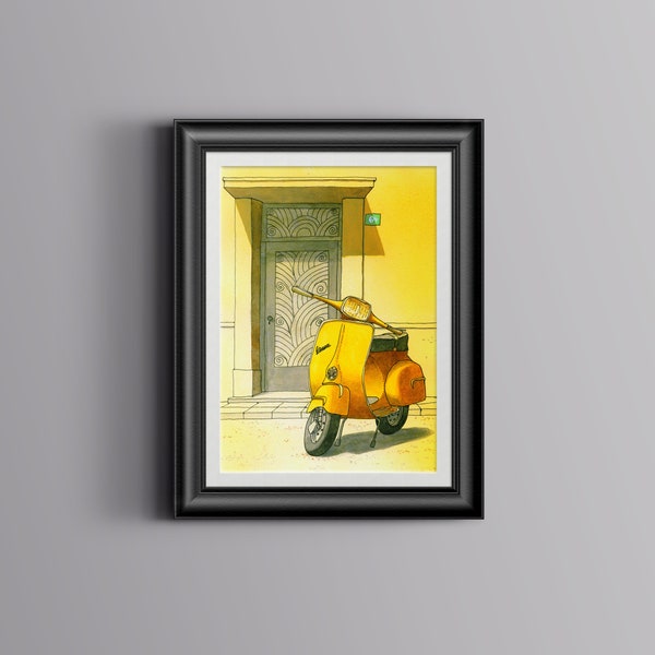Yellow Vespa scooter art print. Downloadable art, perfect for urban-style home decor or office decor