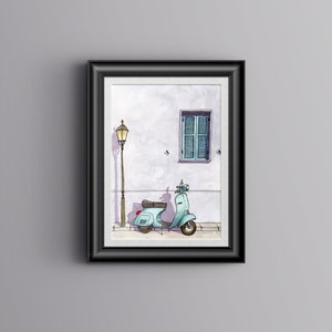 Blue Vespa scooter art print. Downloadable art, perfect for urban-style home decor or office decor