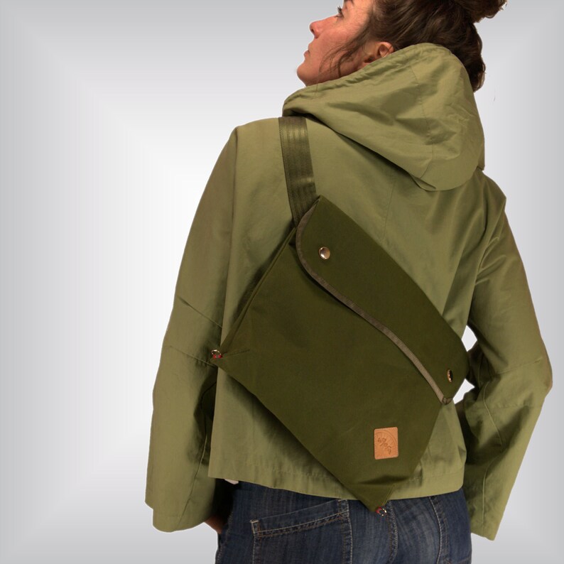 Bolso de hombro de lona hecho a mano / Bolso cruzado para él y ella / Bolso mensajero de cuero y lona / bolso de todos los días de La Jefa and Sons olive green