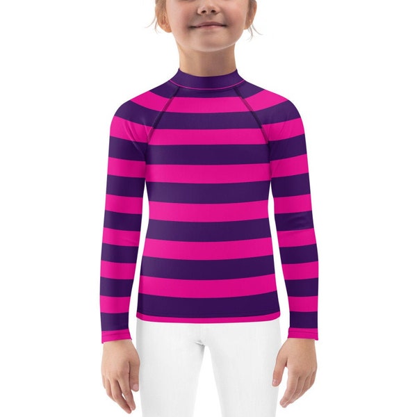 Pink Purple Stripe Cheshire Cat Kids Long Sleeve Rash Guard Shirt Easy Halloween Dance Costume Toddler Youth Tween Teen Sizes