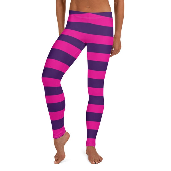 Women's Cheshire Cat Costume Leggings | Pink Purple Striped Leggings | Easy Simple Halloween Cosplay Carnival Costume Plus Sizes