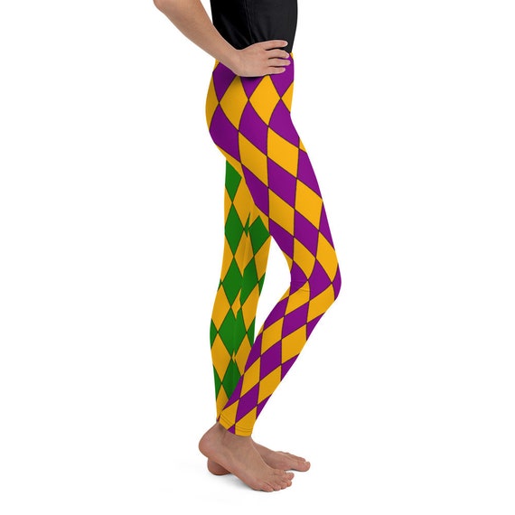 Diamond Pattern Jester Harlequin Kid's Leggings Toddler Youth Tween Teen  Purple Green Gold Mardi Gras Dance Costume 