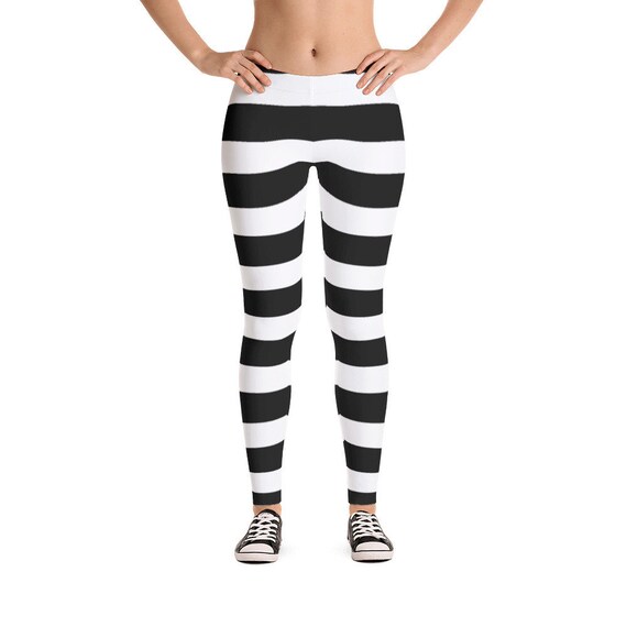 Black White Striped Leggings, Horizontal Stripe Leggings, Stretch