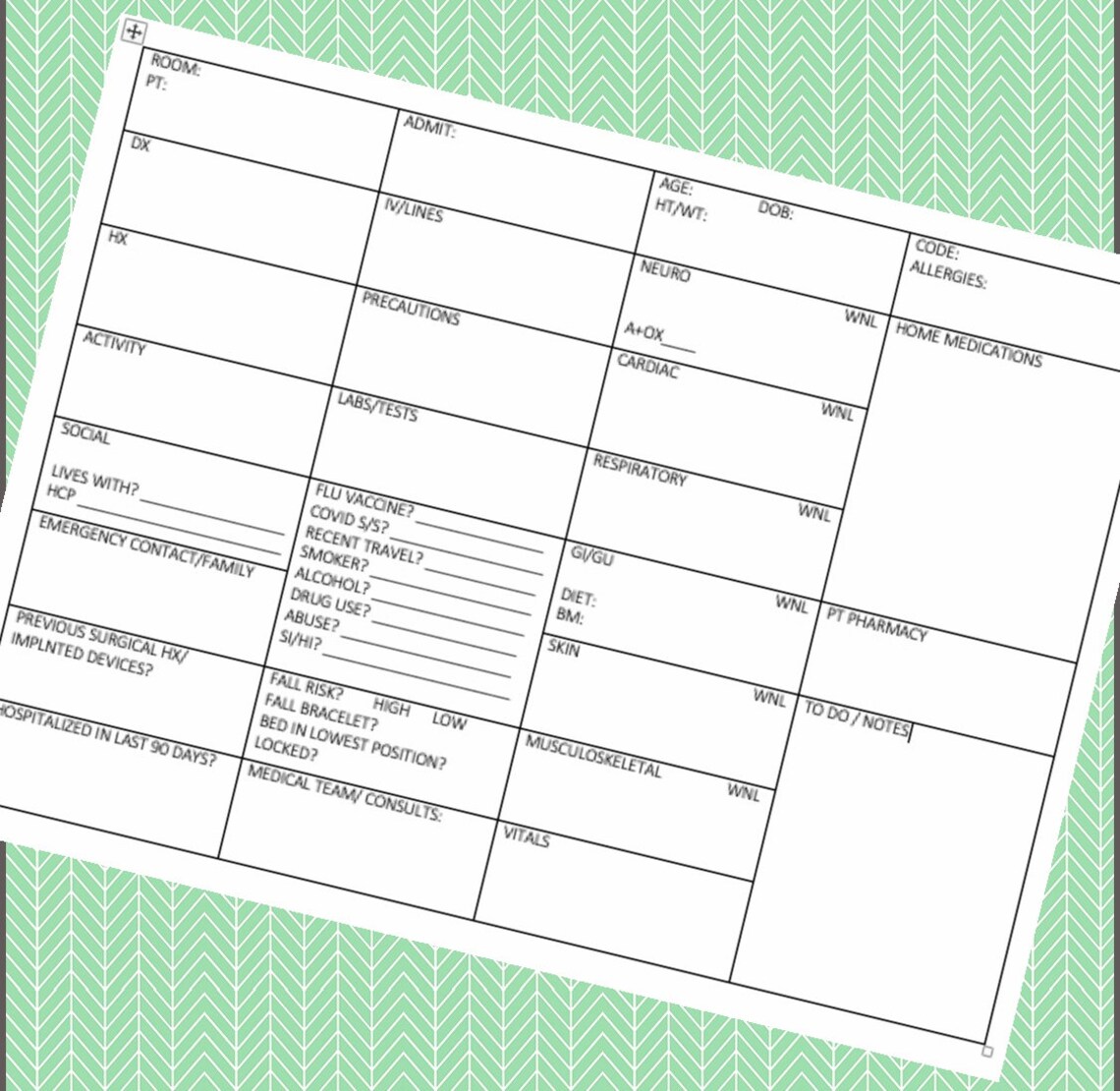 Nurse Admission Report Sheet