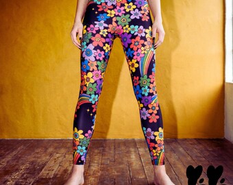 RETRO BLOOM Floral Print Leggings – 60s Rainbow Pride LGBTQ+ Outfit Tights, Maximalist Pants