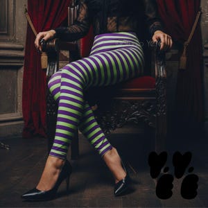 WICKED STRIPE - Tim Burton Inspired Stripe Leggings / Green and Purple / Halloween Tights, Creepy Tights, Goth Fashion | Studio yeye