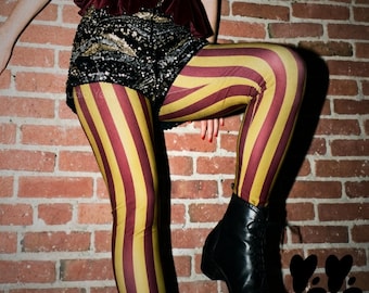 CIRCUS STRIPE Leggings - Gold + Burgundy / Retro Clown theme, Vintage circus-core costume, Goth Punk | Studio YéYé