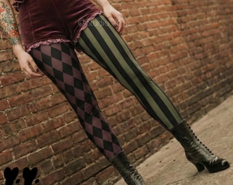 HARLEQUIN JESTER Leggings – Olive & Dusty Oxblood Vintage Circus Tights