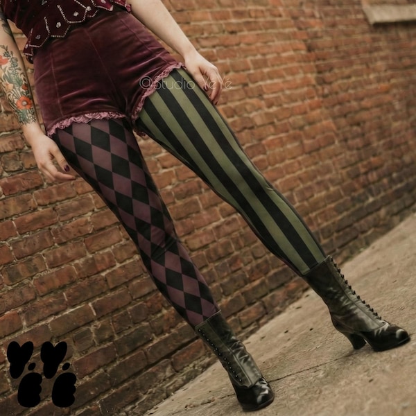 HARLEQUIN JESTER Leggings - Olive + Dusty Oxblood / Retro circus theme tights, Jester clown costume, Studio Yeye
