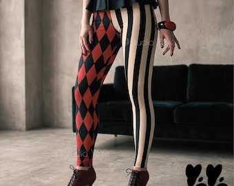 HARLEQUIN JESTER Leggings - Vintage RED / Retro circus theme tights, Jester clown costume, Studio Yeye