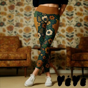 May include: High-waisted leggings featuring a dark green base with a repeating floral pattern in shades of cream, orange, and brown. The leggings include solid brown side panels and a wide brown waistband, paired with white canvas sneakers.