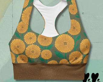 FLOWER POP - GREEN - Recycled Sports Bra / Retro flower design, Matching set with leggings, High impact bra, Secure fit, Studio Yeye