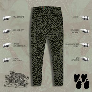 May include: Full-length leggings featuring an olive green and black leopard print pattern. The text on the image highlights features including full length, mid-rise fit, gentle compression, family matching, UPF50+, moisture wicking, silky recycled fabric, and 4-way stretch.