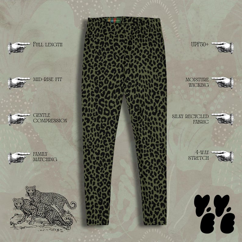 May include: Full-length leggings featuring an olive green and black leopard print pattern. The text on the image highlights features including full length, mid-rise fit, gentle compression, family matching, UPF50+, moisture wicking, silky recycled fabric, and 4-way stretch.