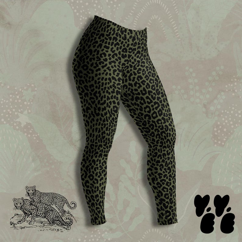 May include: Full-length leggings featuring an olive green base color with a repeating black leopard print pattern. The garment has a high-waisted design and a fitted silhouette that extends from the waist down to the ankle on both legs.