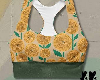 FLOWER POP - TAN - Recycled Sports Bra / Retro flower design, Matching set with leggings, High impact bra, Secure fit, Studio Yeye