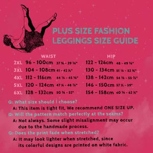 May include: A pink plus size fashion leggings size guide featuring a black silhouette of a person in a dress. The chart lists waist and hip measurements in centimeters and inches for sizes 2XL to 6XL, along with FAQs regarding fit, seams, and print.