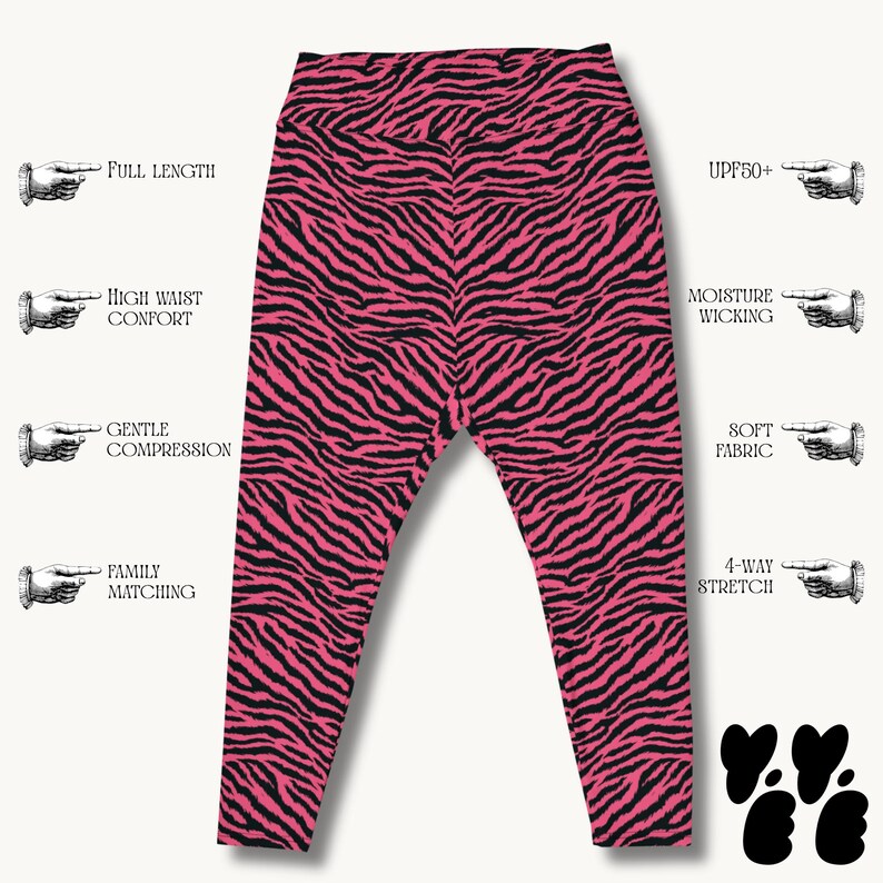 May include: Full-length leggings featuring a vibrant pink and black zebra stripe pattern. The text labels indicate features including UPF50+, moisture wicking, high waist comfort, gentle compression, soft fabric, 4-way stretch, and family matching.