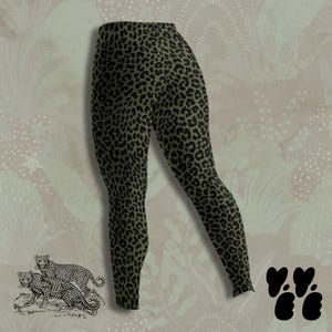 May include: Leggings featuring an olive green base color with a repeating black leopard print pattern. The garment has a fitted silhouette and a high waistband, showcasing a consistent animal-inspired design across the entire fabric surface.