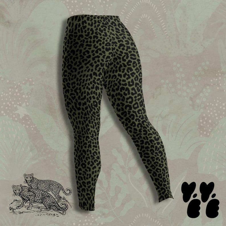May include: Leggings featuring an olive green base color with a repeating black leopard print pattern. The garment has a fitted silhouette and a high waistband, showcasing a consistent animal-inspired design across the entire fabric surface.