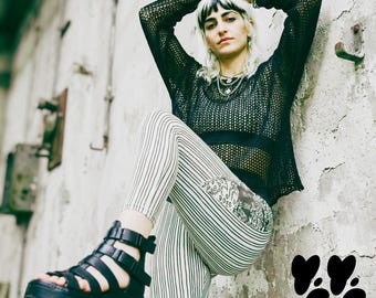 DARK FOREST - High-Waisted Pocket Leggings CHARCOAL / Gothic Fantasy Striped Tights, Gym Workout | Studio Yeye