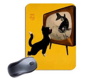 Vintage Television Cat Advert Mouse Mat Mousepad. Classic 1960s Advertising Poster High Quality Mouse Pad