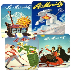 Vintage St Moritz Travel Poster Coasters Set Of 4. High Quality Cork. Switzerland Skiing Resort Tour Ski Advert