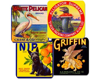 Juego de posavasos vintage con etiqueta de caja de cítricos – Arte retro de frutas – 4 posavasos con base de corcho – Resistentes al calor – Regalo único para amantes de EE. UU. y Florida