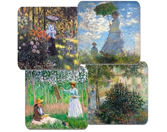 Claude Monet Coasters Set Of 4 High Quality Cork Backed. Gardens and Ladies. Argenteuil. Woman with Parasol. Classic Art Gift, Drinks