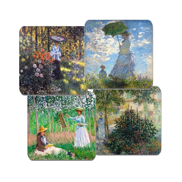 Claude Monet Coasters Set Of 4 High Quality Cork Backed. Gardens and Ladies. Argenteuil. Woman with Parasol. Classic Art Gift, Drinks