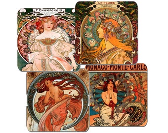 May include: A set of four square coasters featuring Art Nouveau illustrations. The designs include F. Champenois Paris, La Plume with zodiac motifs, a woman with flowing red hair, and a woman in a white dress labeled Monaco-Monte-Carlo.