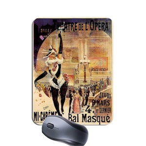 May include: A vintage poster advertising a masquerade ball at the Theatre de l'Opera. The poster features a woman in a black and white costume, with a feathered headdress, holding a fan. The text on the poster reads "Theatre de l'Opera, Thursday 9 March 4th and Last, Masked Ball."