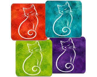 Juego de 4 posavasos con diseño de gato / Posavasos con base de corcho / Regalo para amantes de los gatos / Decoración con arte de gatos en acuarela / Posavasos cuadrados de 95 mm