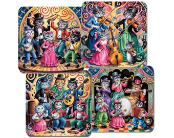 Posavasos con gatos musicales inspirados en Gustav Klimt: gatos músicos coloridos. Posavasos con base de corcho. Regalo para amantes de Klimt, la música y los animales.