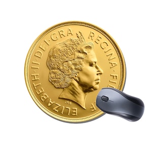May include: A gold-colored mouse pad featuring a replica of a British gold coin with the image of Queen Elizabeth II and the inscription "ELIZABETH II DEI. GRA. REGINA. FID. DEF."  The mouse pad is on a white background.