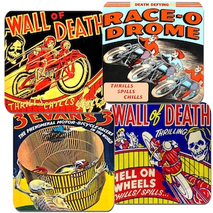 Wall Of Death Vintage Poster Coasters Set Of 4. High Quality Cork. Motorcycle, Motorbike Stunt Motordrome Advert. Classic Bike Gift