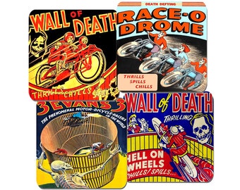 Wall Of Death Vintage Poster Coasters Set Of 4. High Quality Cork. Motorcycle, Motorbike Stunt Motordrome Advert. Classic Bike Gift