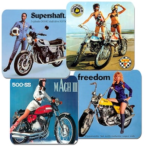 1970&#39;s Girls And Their Motorcycles Coasters Set Of 4. High Quality Cork. Vintage Motorbike Biker Classic Seventies Bike Gift