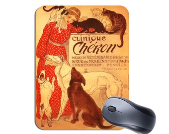 Clinique Cheron Veterinary Poster Mouse Mat Mousepad. Vintage Steinlen Dogs and Cats French Advertising High Quality Mouse Pad