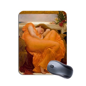 May include: A painting of a woman asleep in a flowing orange robe. The woman is lying on a couch with her head resting on her arm. The background is a light blue sky with a few clouds.