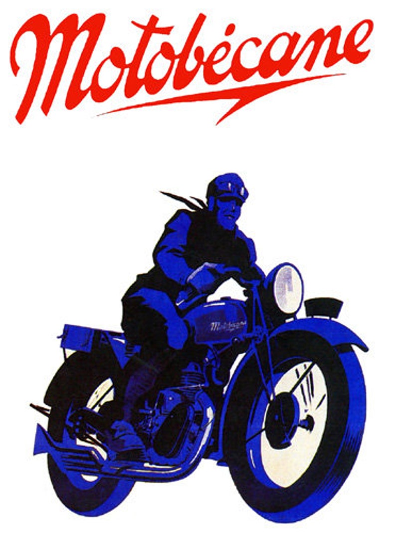 Puede incluir: Un anuncio vintage de motocicletas Motob&eacute;cane con una motocicleta azul con un conductor con casco y traje azules. El texto "Motob&eacute;cane" est&aacute; en rojo.